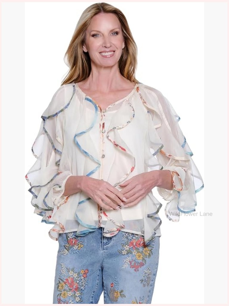 Woven Ruffled Three Quarters Sleeve Blouse